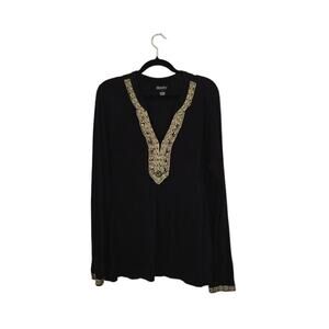 Lucky Brand Womens Embroidered & Beaded Top Size Large Black Gold Bohemian